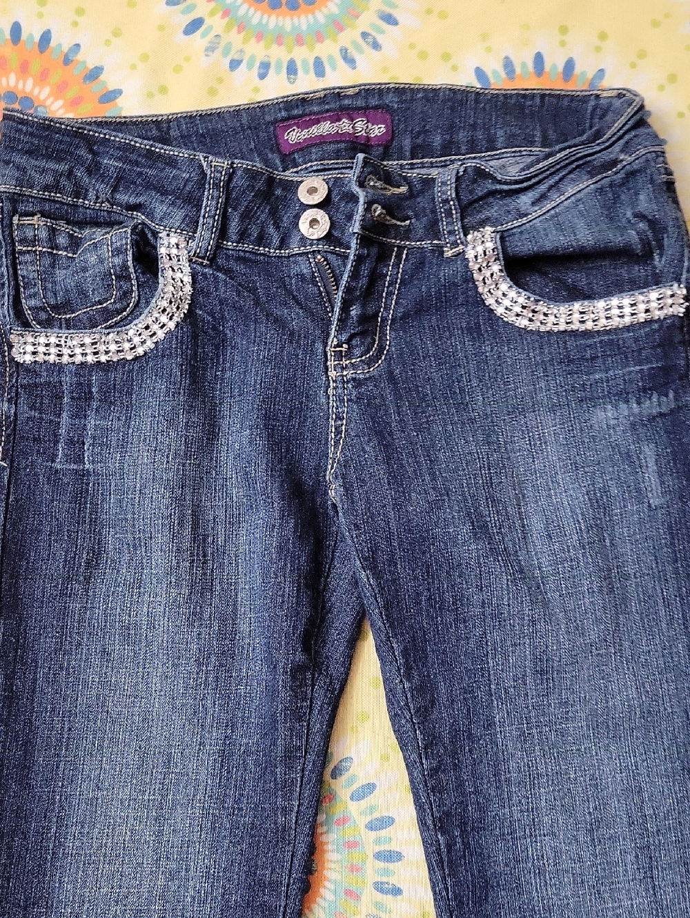 YMI Dark Blue Rhinestone Trim Bootcut Jeans